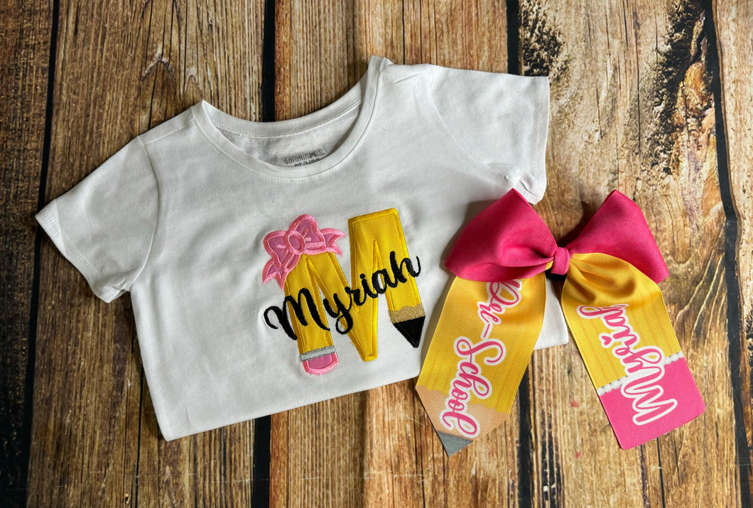 Back to school pencil shirt, Monogram pencil bow shirt, first day of school outfit, Kindergarten Pre K